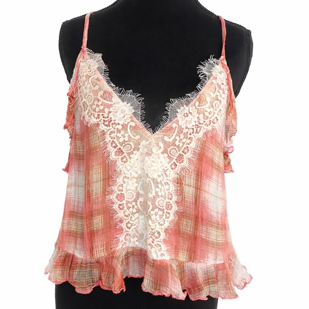 Free people one Pink Plaid Ruffle Camisole size m